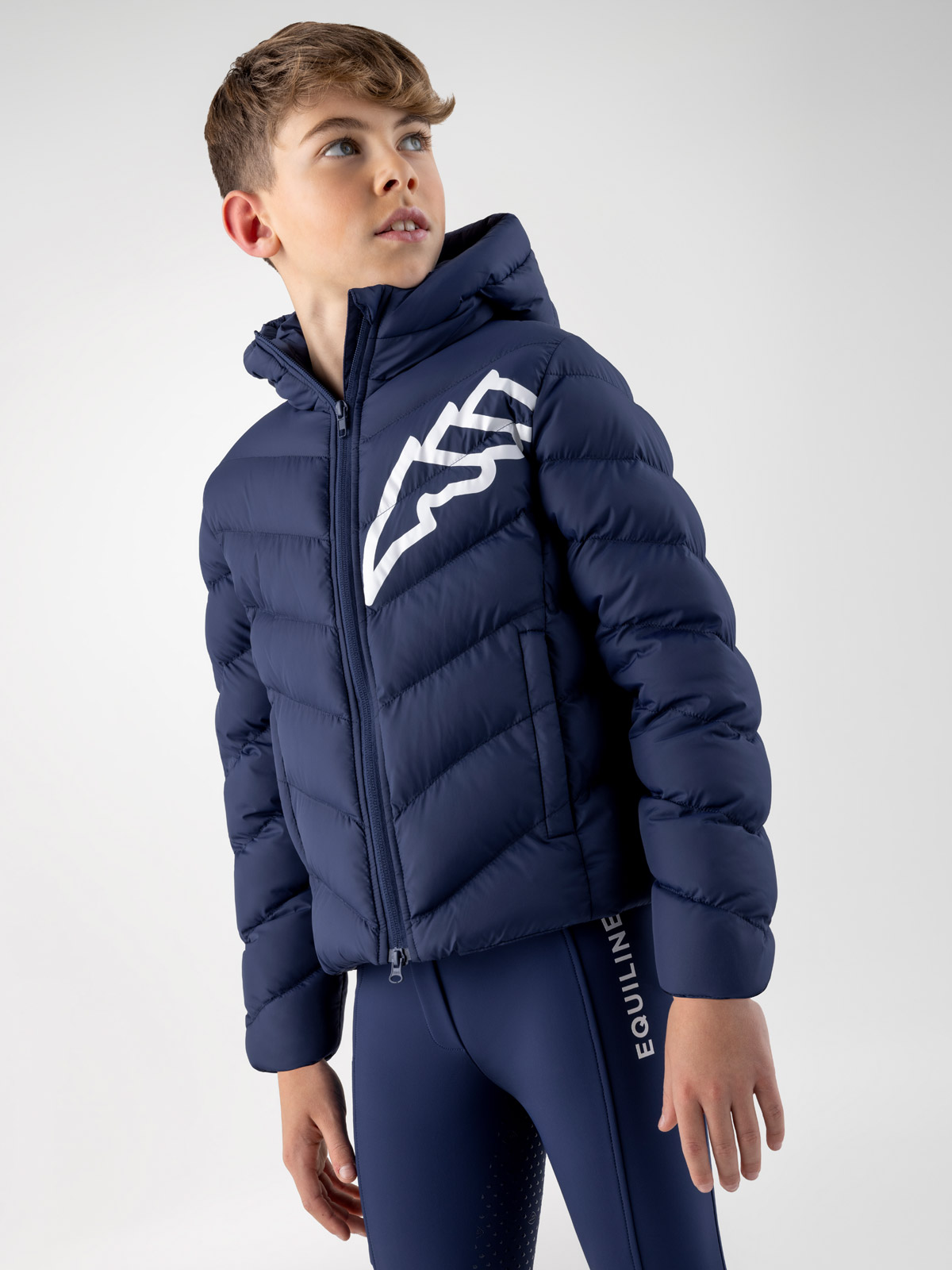 Junior Cino Navy Quilted Down Jacket with Hood and White Logo – Equiline