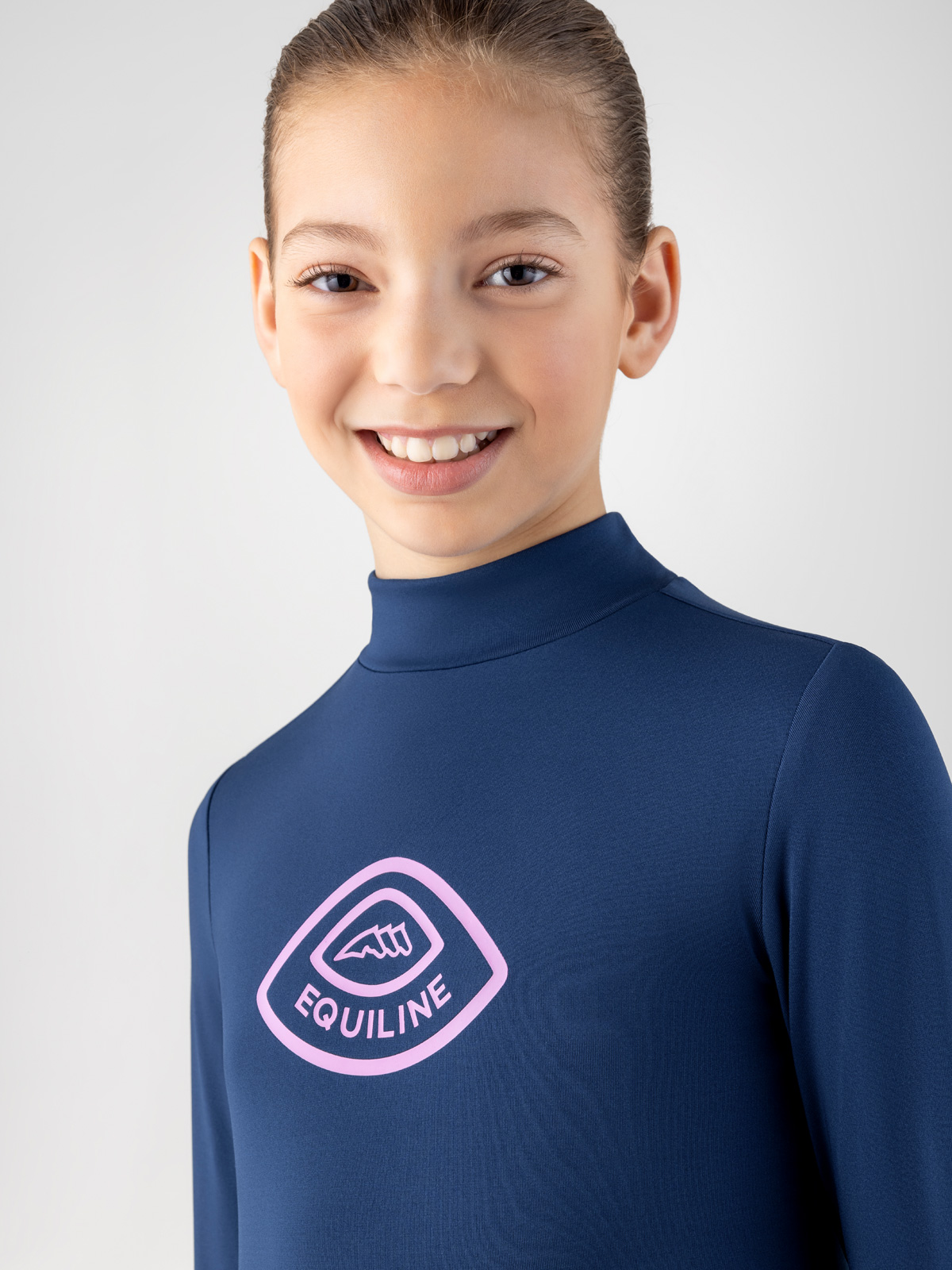 Navy long-sleeve technical top with pink logo for girls Colam - Equiline