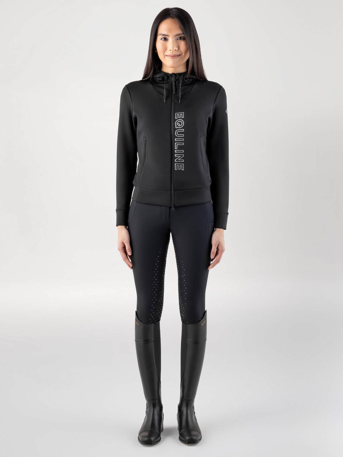 Women’s black technical training hoodie with silver letter logo Coco - Equiline