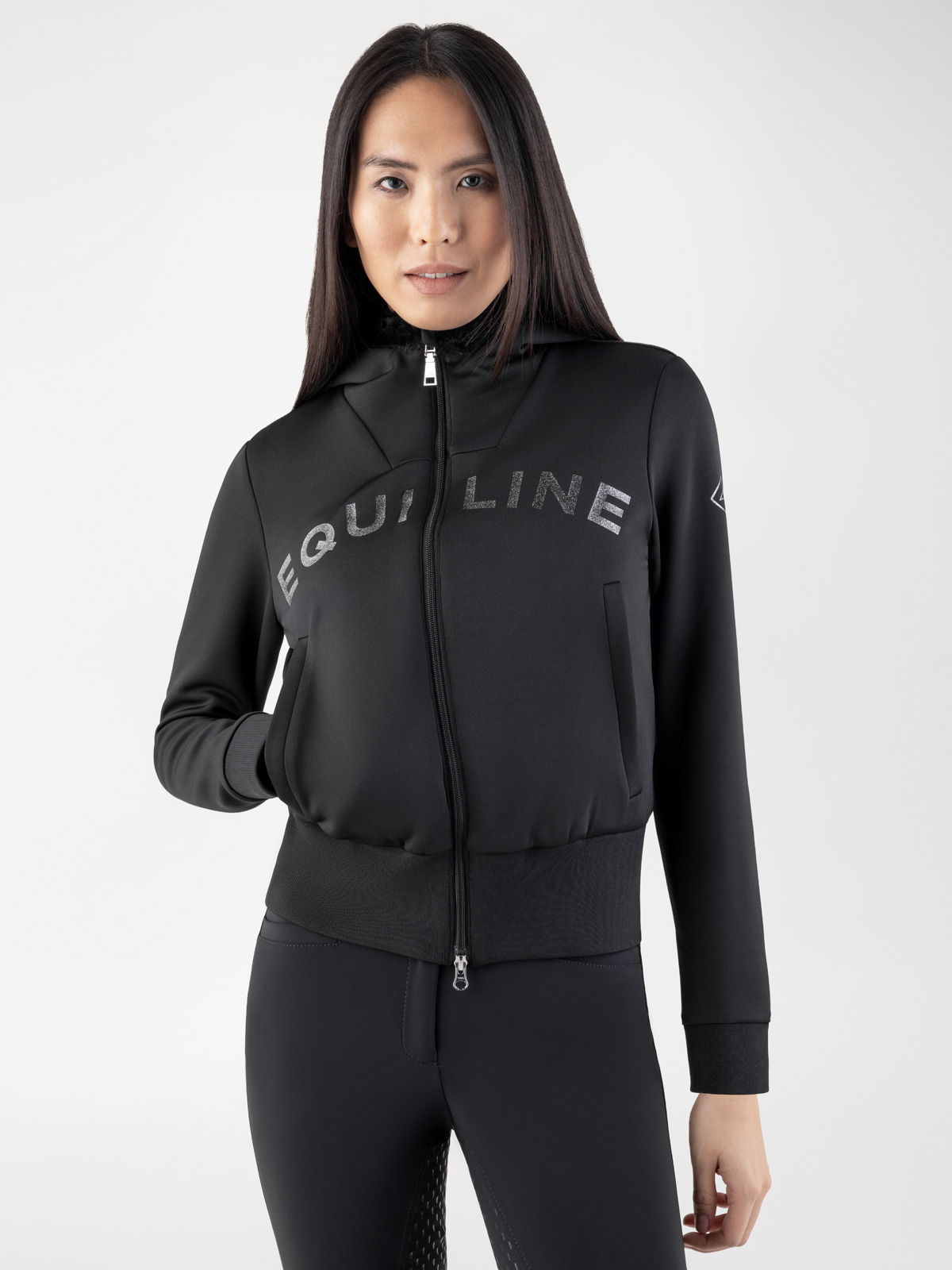 Sudadera con capucha negra y el logotipo brillante para mujer - Equiline