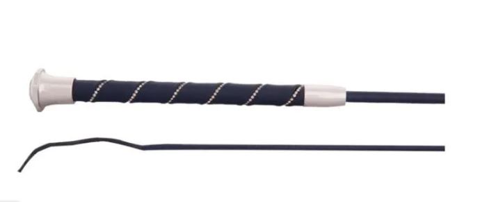 Fusta de doma azul marino con mango de cuero trenzado y diamantes de imitacion y boton de color plateado (120cm) -Orion-BR