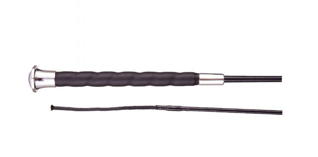 Fusta de doma negra con mango trenzado de cuero y boton plateado-Taurus-BR