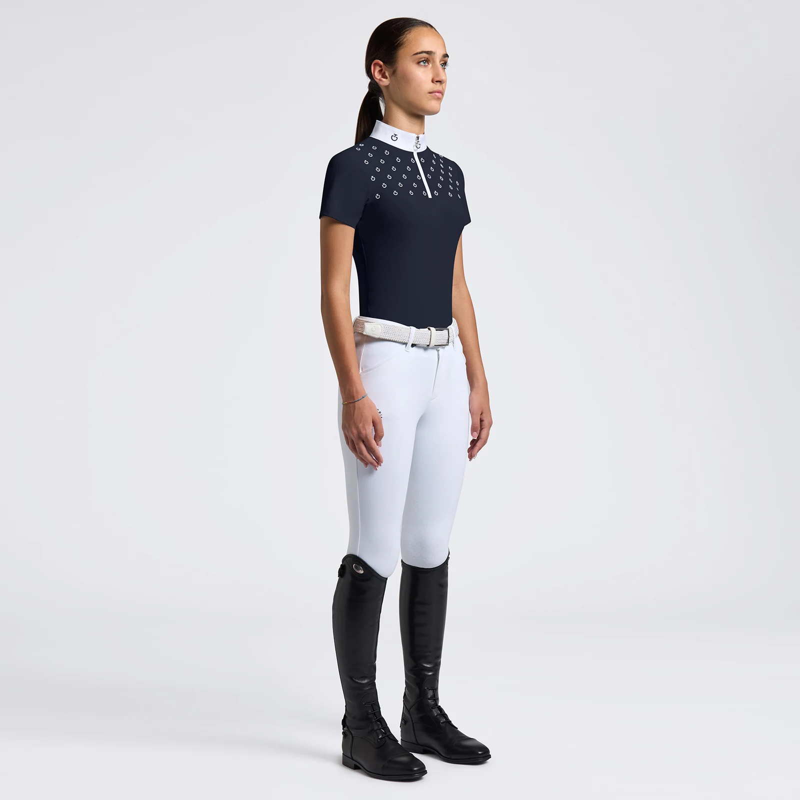 Polo de compétition bleu marine à manches courtes avec logo blanc imprimé pour fille - Cavalleria Toscana