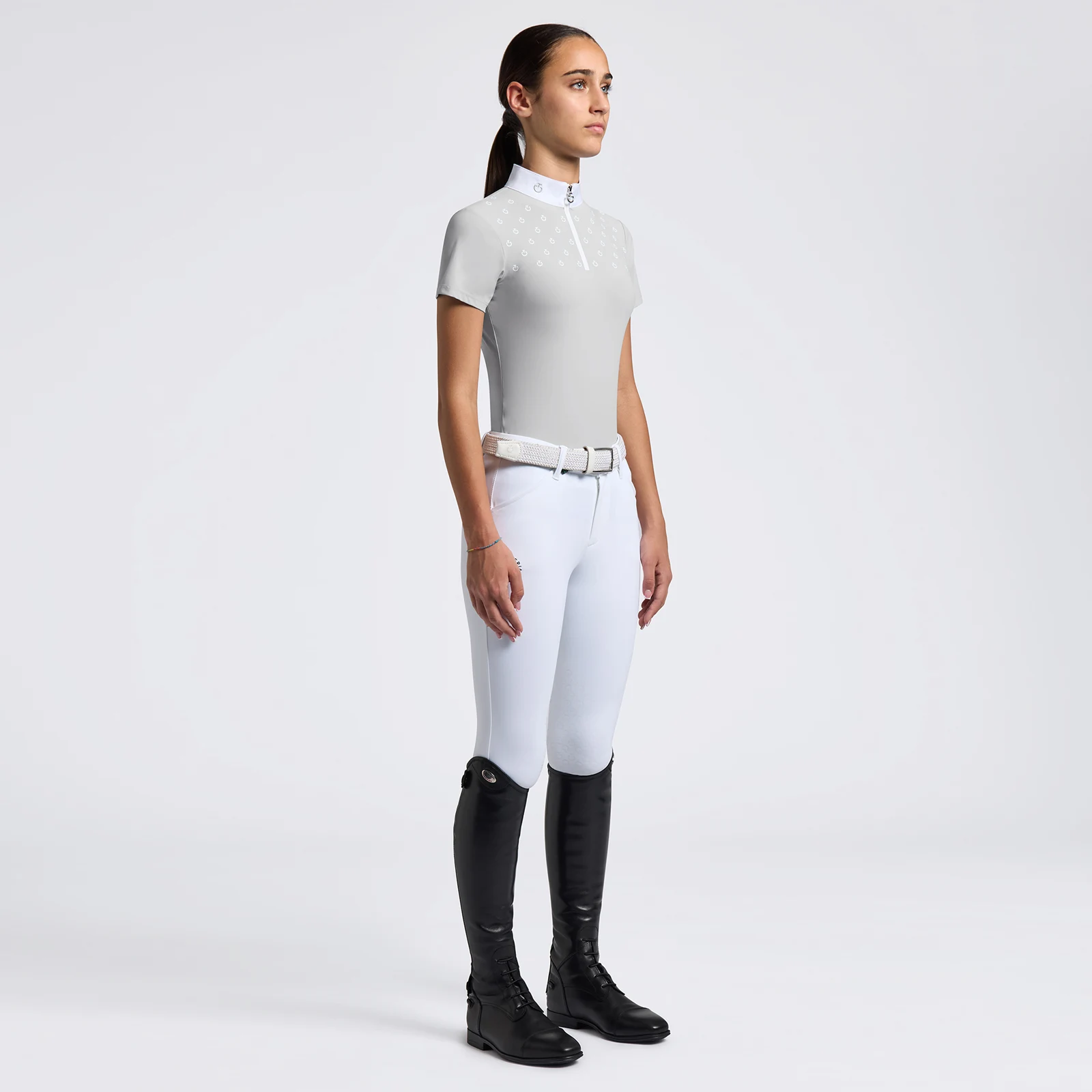 Polo de competicion à manches courtes gris clair avec imprimé du logo blanc pour fille - Cavalleria Toscana