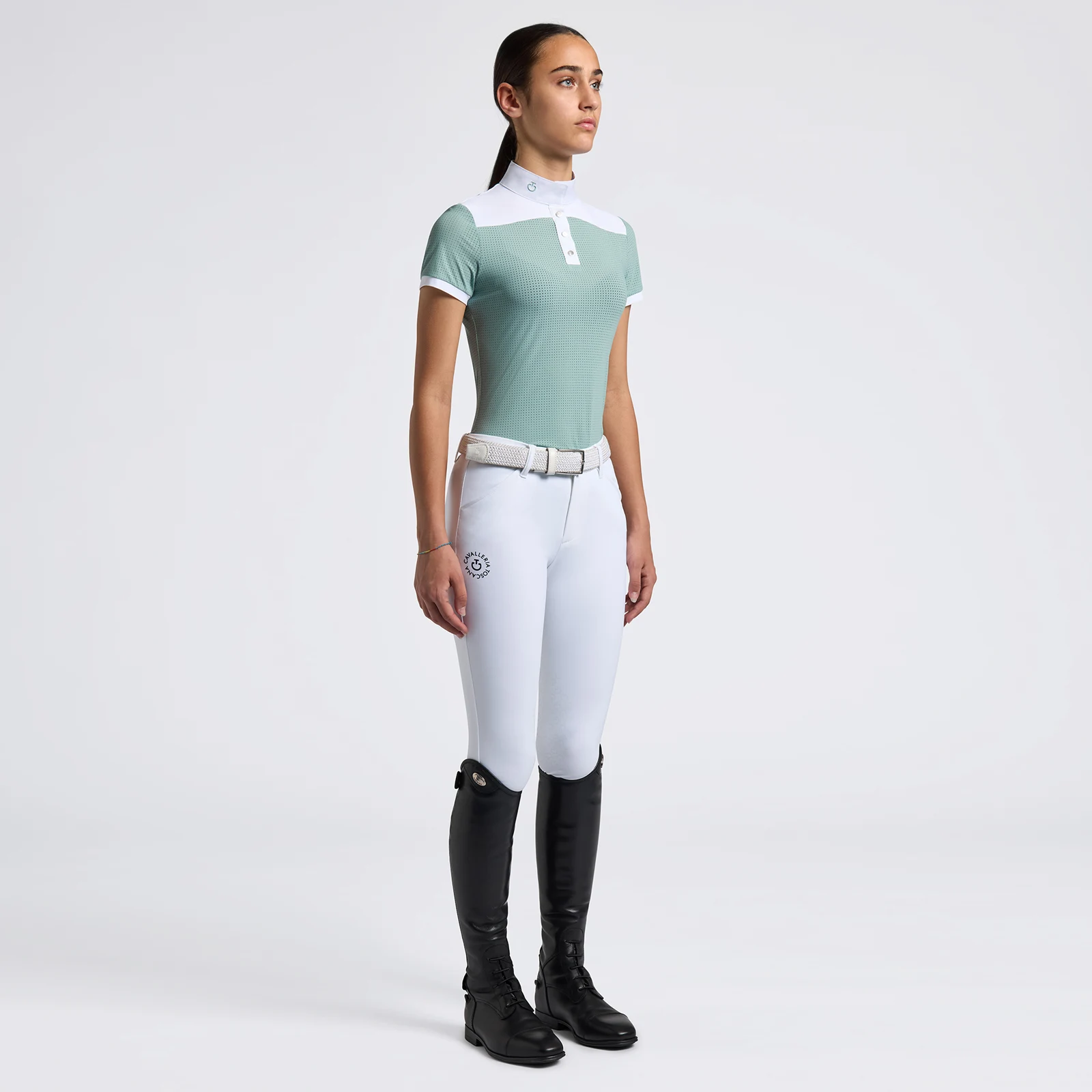 T-shirt de competicion à manches courtes perforé vert clair et blanc pour fille - Cavalleria Toscana