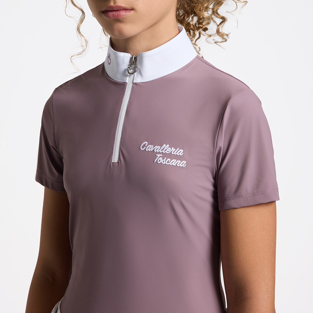 Polo de competicion à manches courtes rose avec logo brodé en blanc pour fille - Cavalleria Toscana