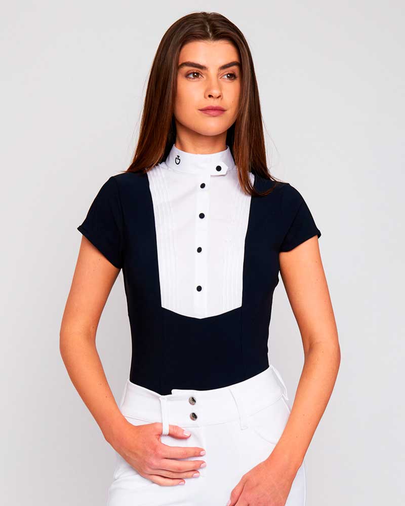 Camisa de competición de manga corta azul marino y blanca para mujer - Cavalleria Toscana