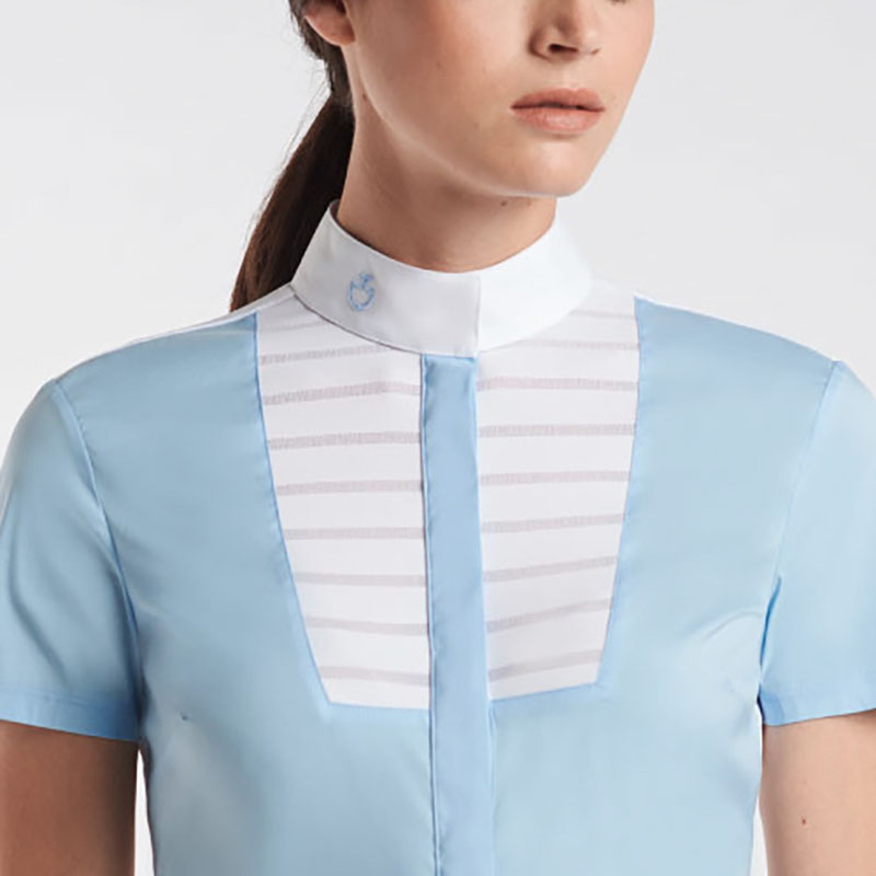 Chemise de compétition à manches courtes bleu clair et blanc pour femme - Cavalleria Toscana