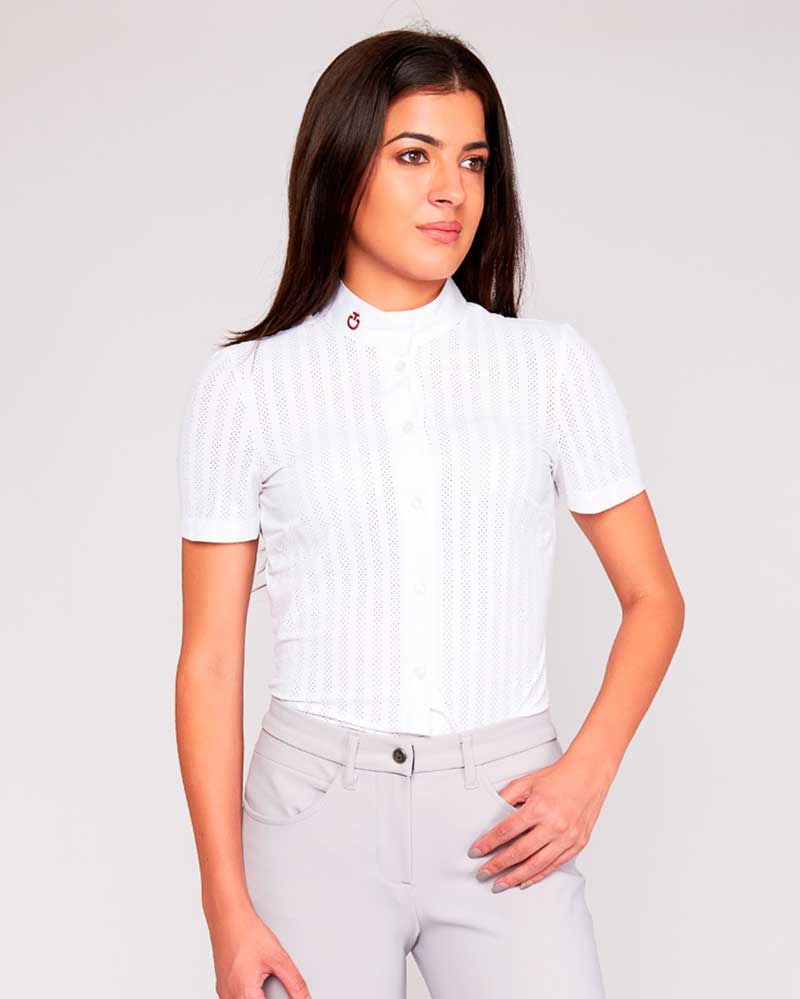 Chemise de compétition à manches courtes blanc avec perforaciones à rayures pour femme - Cavalleria Toscana