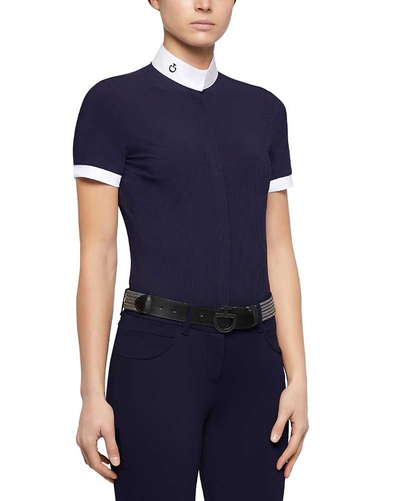 Women's Short-Sleeve Navy and Black Striped Competition Shirt - Cavalleria Toscana