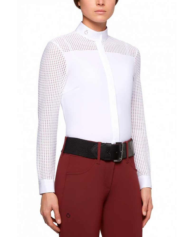 Camisa de competición blanca de manga larga en malla para mujer - Cavalleria Toscana