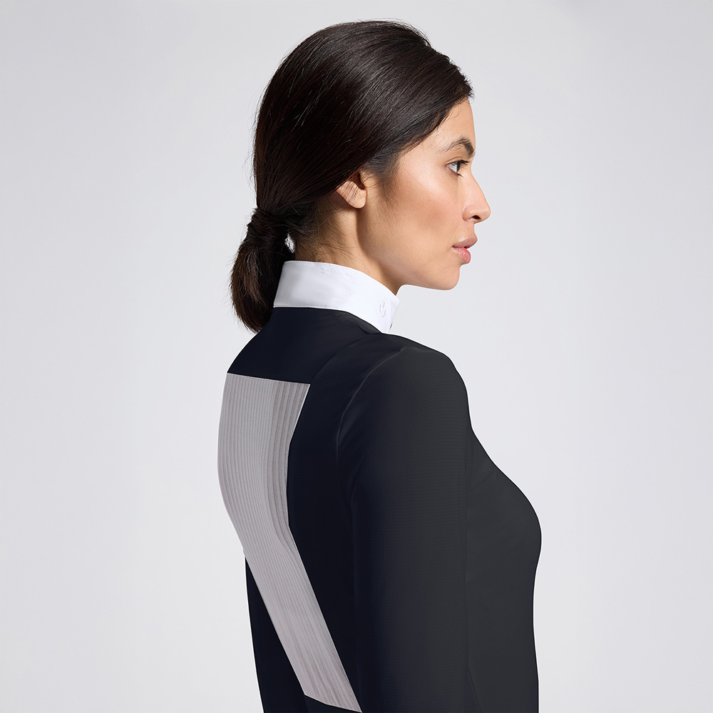 Polo de compétition à manches longues noir avec insercion de jacquard au dos pour femme - Cavalleria Toscana