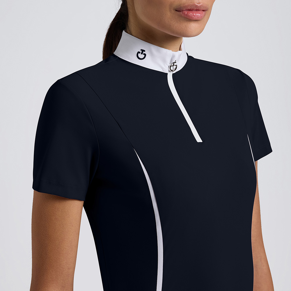 Women`s navy blue short sleeved competition shirt with mesh inserts and front zipper - Cavalleria Toscana