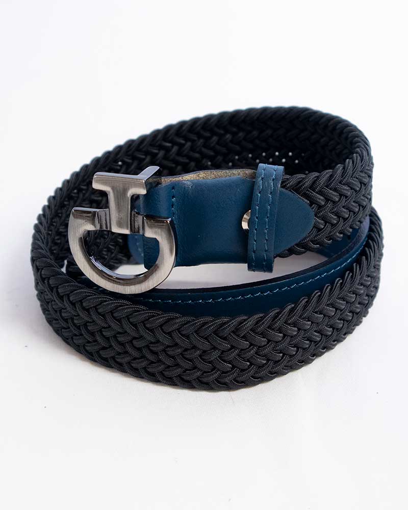 Narrow Dark Grey Braided Elastic Belt with Dark Blue Leather and Logo Buckle – Junior – Cavalleria Toscana