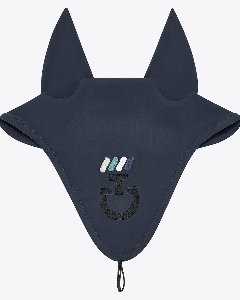 Bonnet bleu fumé avec fines oreilles élastiques avec logo et broderie et attache à la têtière pour cheval et poney - Cavalleria Toscana