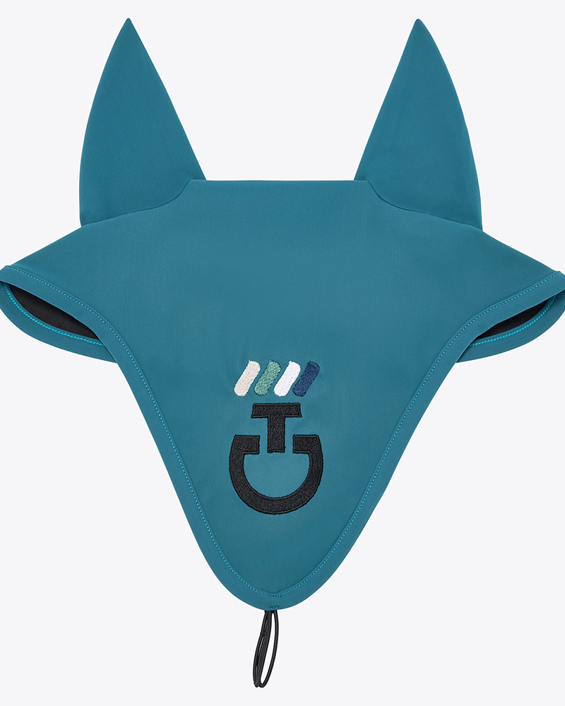 Bonnet turquoise avec fines oreilles élastiques avec logo et broderie et attache à la têtière pour cheval - Cavalleria Toscana