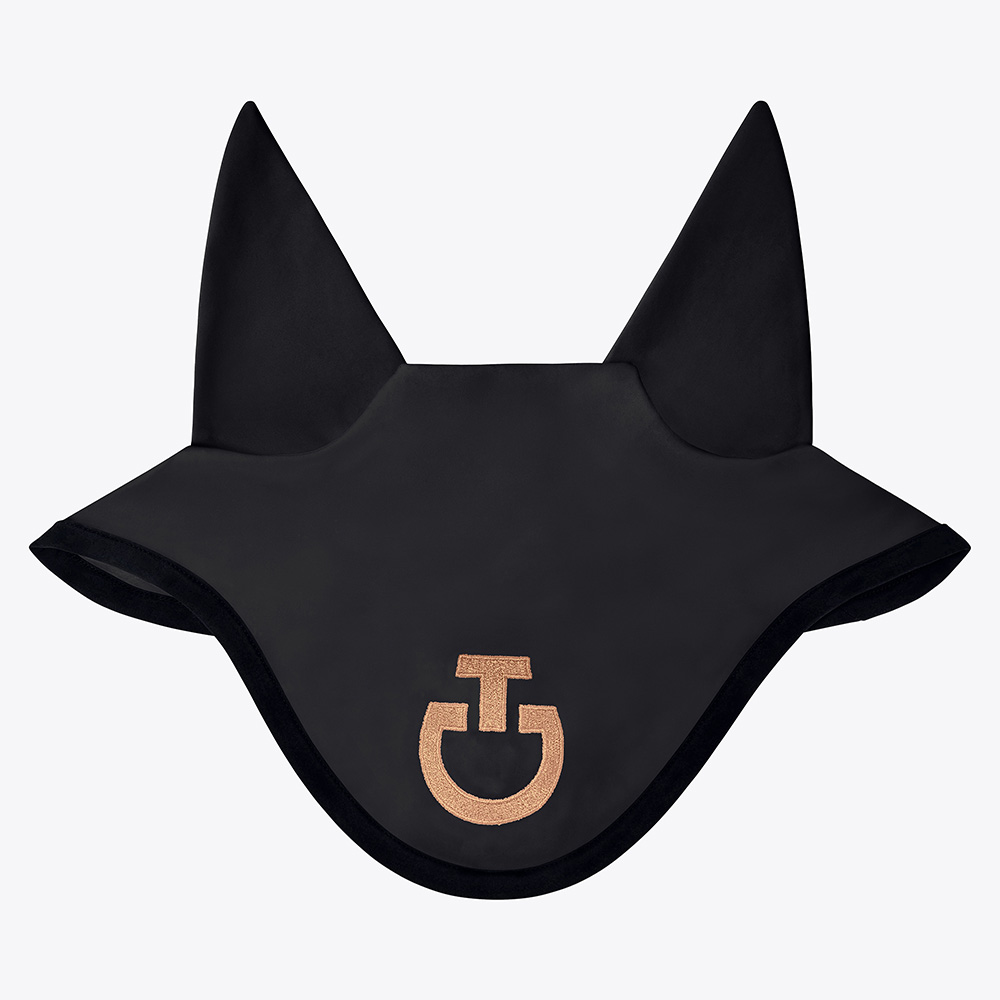 Bonnet noir avec le logo en marron caramel et avec fines oreilles élastiques pour cheval et poney - Cavalleria Toscana