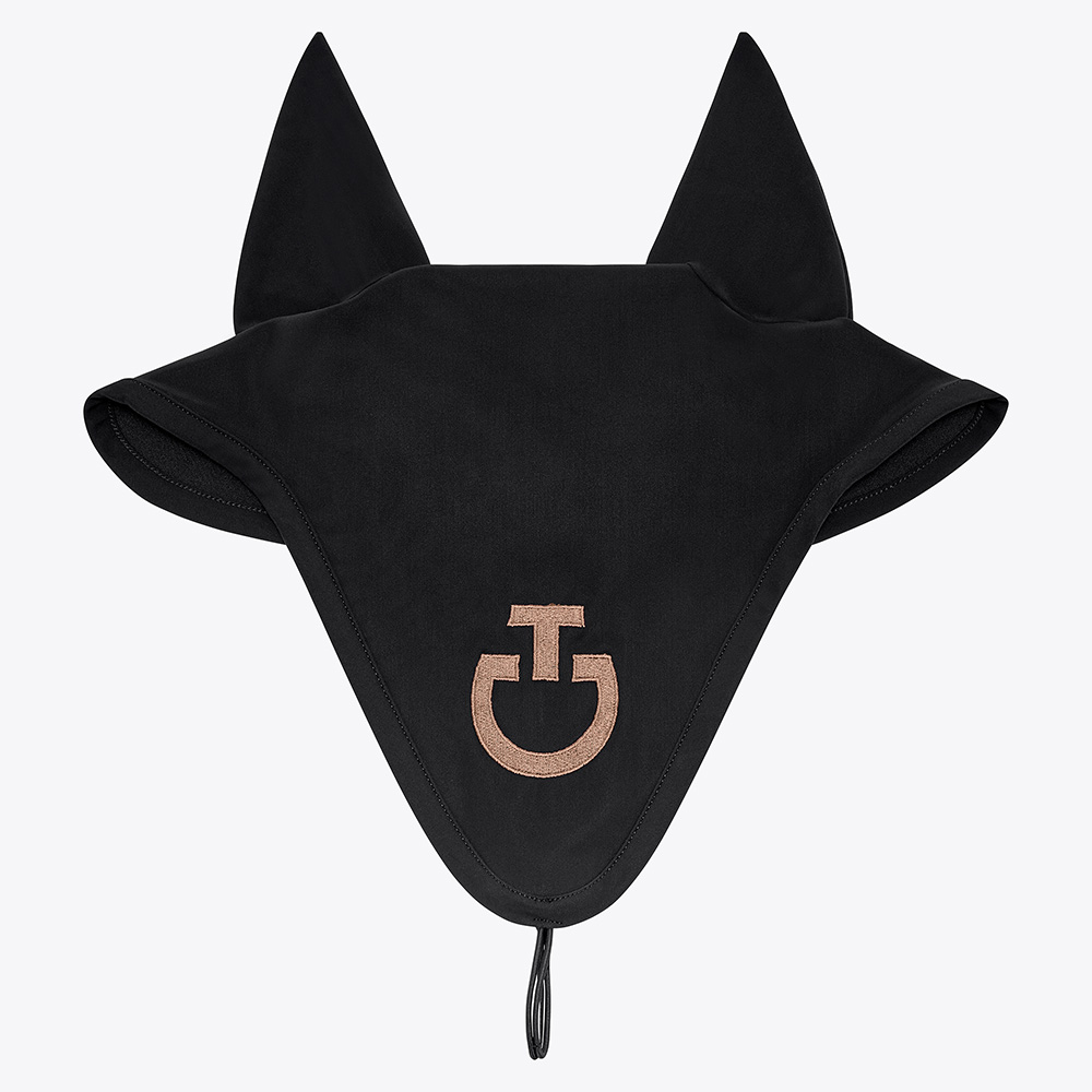Bonnet noir avec le logo brodé en marron caramel avec fines oreilles élastiques et attache à la têtière pour cheval - Cavalleria Toscana