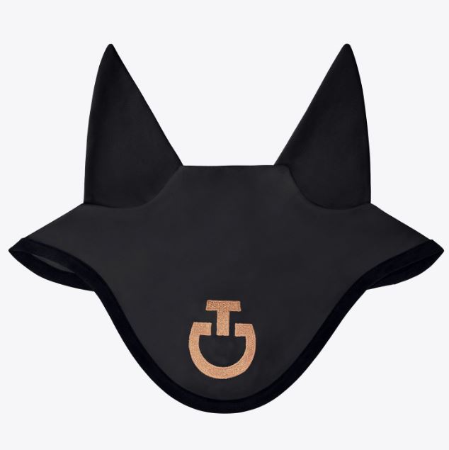 Bonnet anti-bruit noir avec logo brodé marron clair pour cheval et poney - Cavalleria Toscana