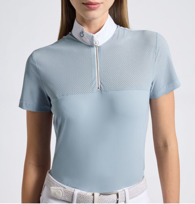 T-shirt de compétition avec inserts en jersey perforé, fermeture éclair et manches courtes bleu clair pour femme - Cavalleria Toscana