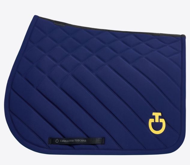 Tapis de saut bleu indigo avec broderie de losanges et lignes avec el logo en jaune pour cheval et poney - Cavalleria Toscana -