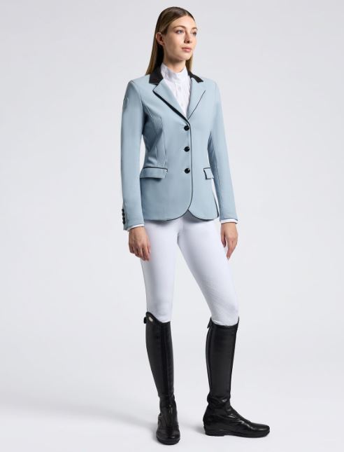 Light blue competition jacket in technical fabric with black Alcantara collar and contrasting trims for women – Cavalleria Toscana