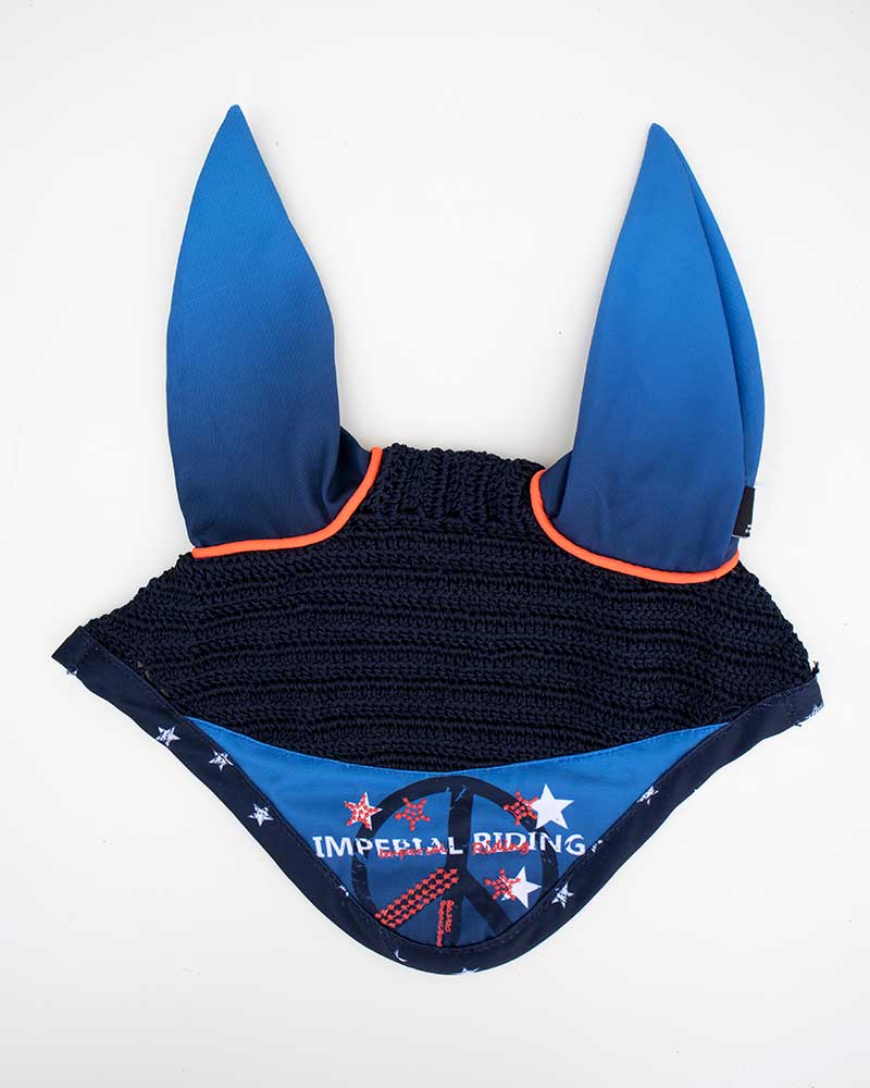 Bonnet en crochet bleu marine avec imprimé et contrastes orange pour cheval - Imperial Riding