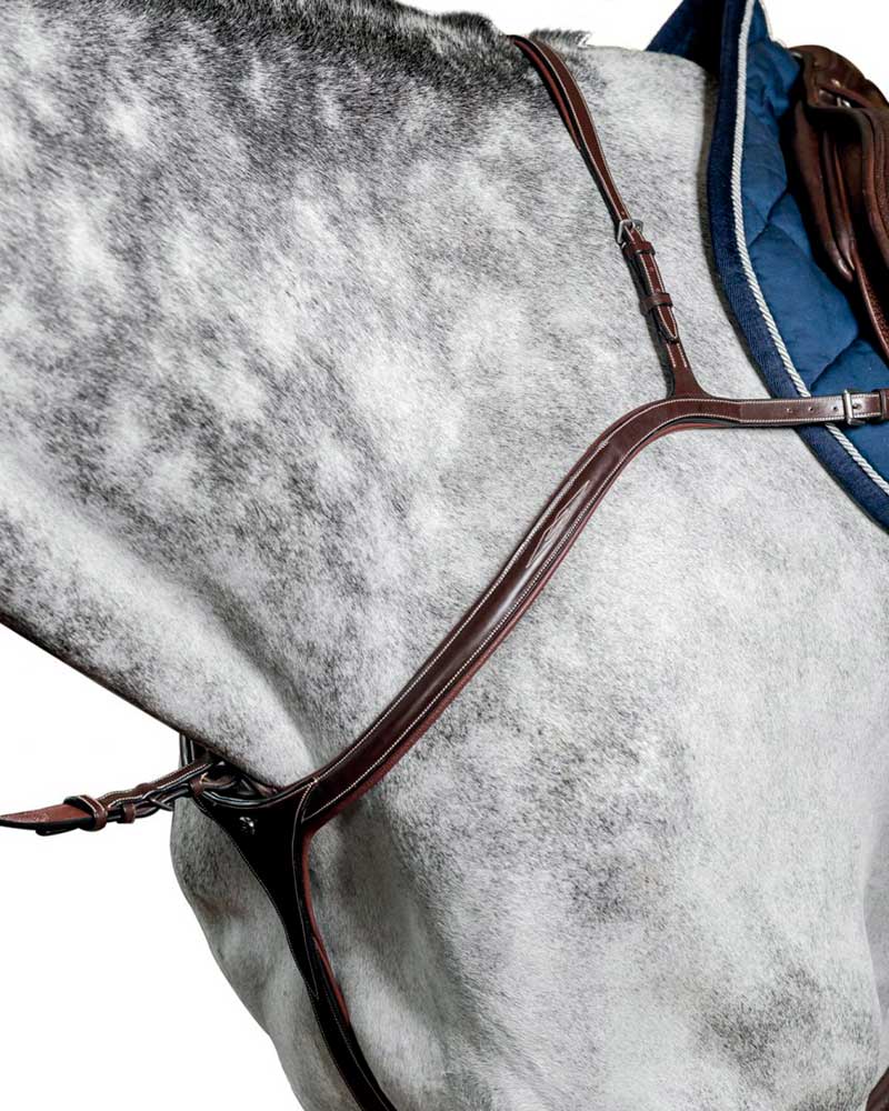 Pechopetral long bridge de salto marrón oscuro con martingala para caballo - D35 - Prestige