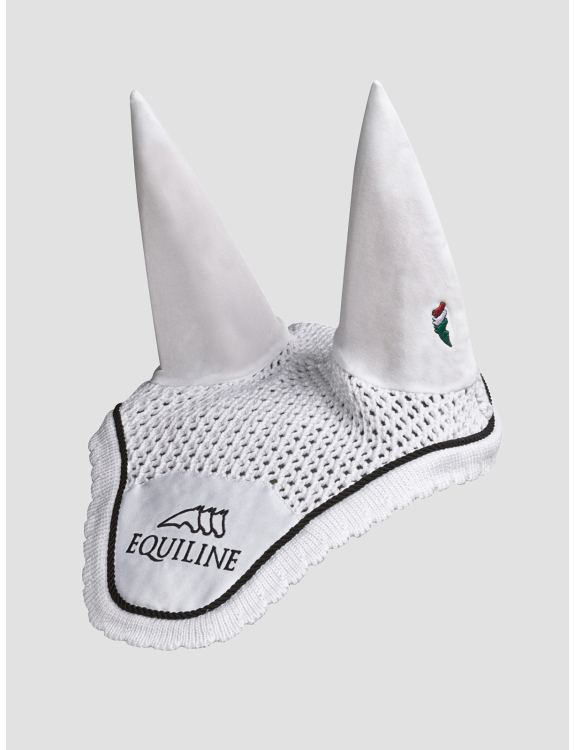 Bonnet en crochet blanc avec oreilles élastiques et cordon noir pour cheval - Outline - Equiline