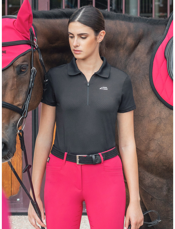 Polo d'entraînement à manches courtes noir de tissu technique respirants pour femme Carenc - Equiline