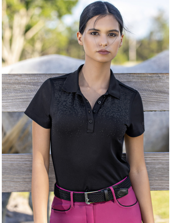 Polo de pique technique d'entraînement à manches courtes à strass noir pour femme Gillis - Equiline