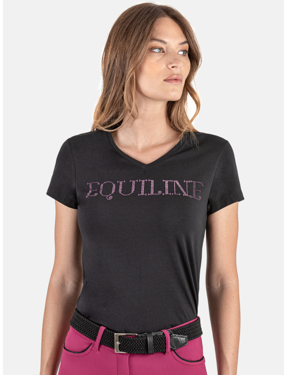 Black short-sleeved T-shirt with rhinestones and V-neck for women - Gigerg - Equiline