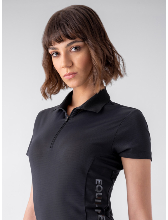 Polo d'entraînement à manches courtes noir de tissu technique respirants pour femme Crege - Equiline