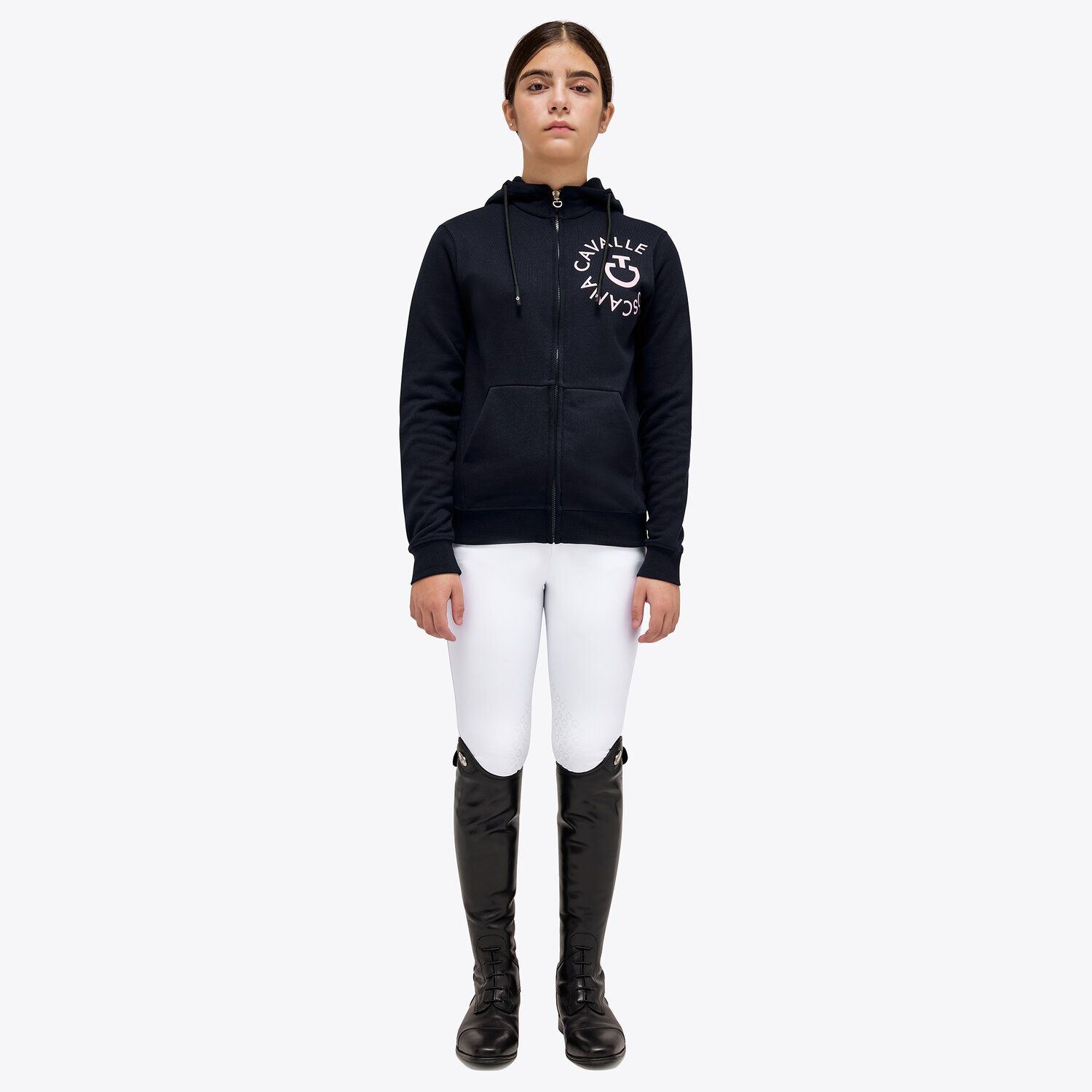 Navy blue jacket with large pale pink logo with hood and junior zipper - Cavalleria Toscana