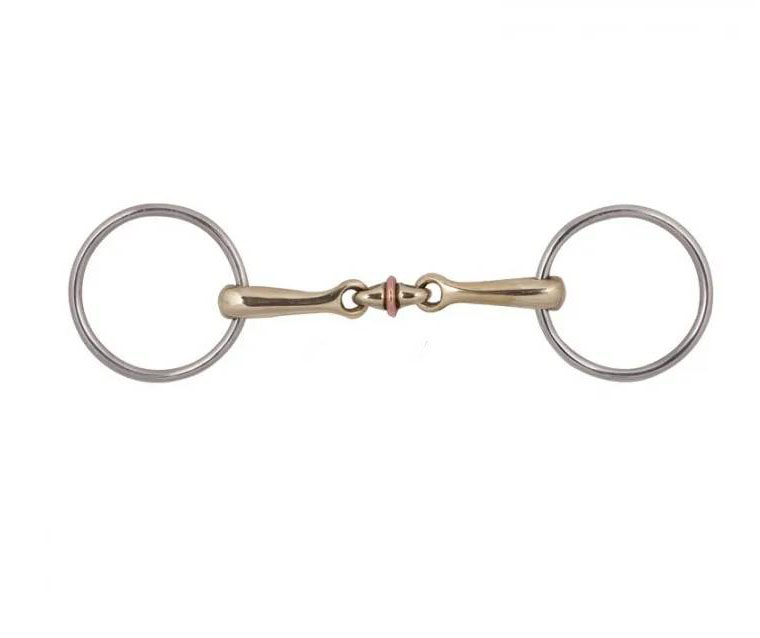 Mors de filet doré en inox à 3 pièces avec rouleau et anneaux 15mm et diamètre 4,6cm pour cheval - Zaldi