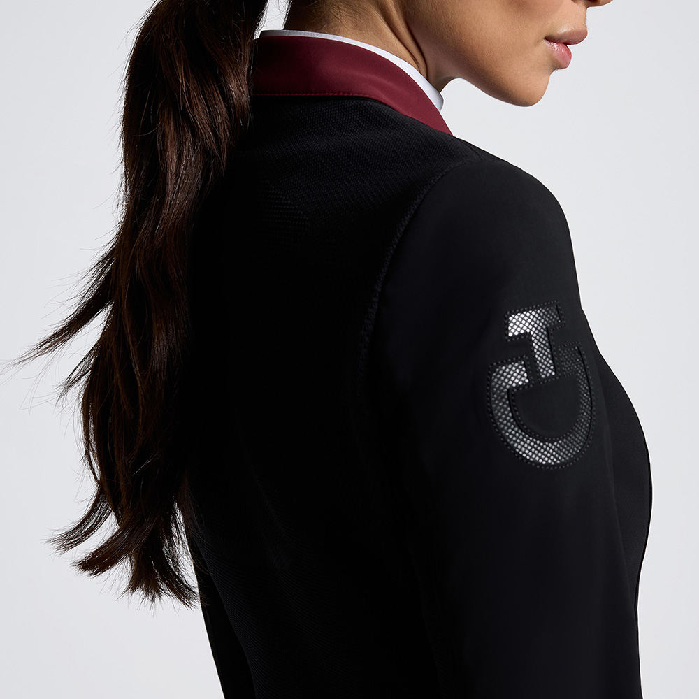 Women’s black competition jacket with burgundy collar and stretch technical back R-EVO – Cavalleria Toscana