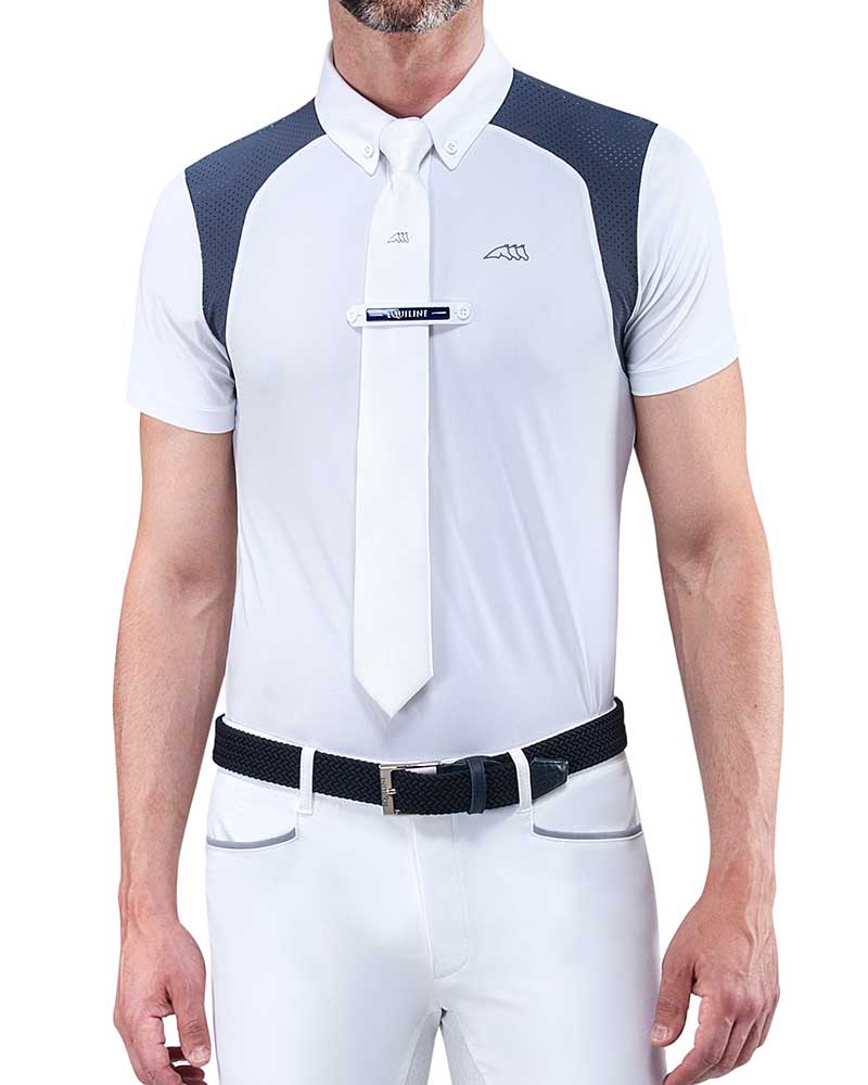 White short-sleeved fine competition polo shirt with bluish-grey mesh for men - Elio - Equiline