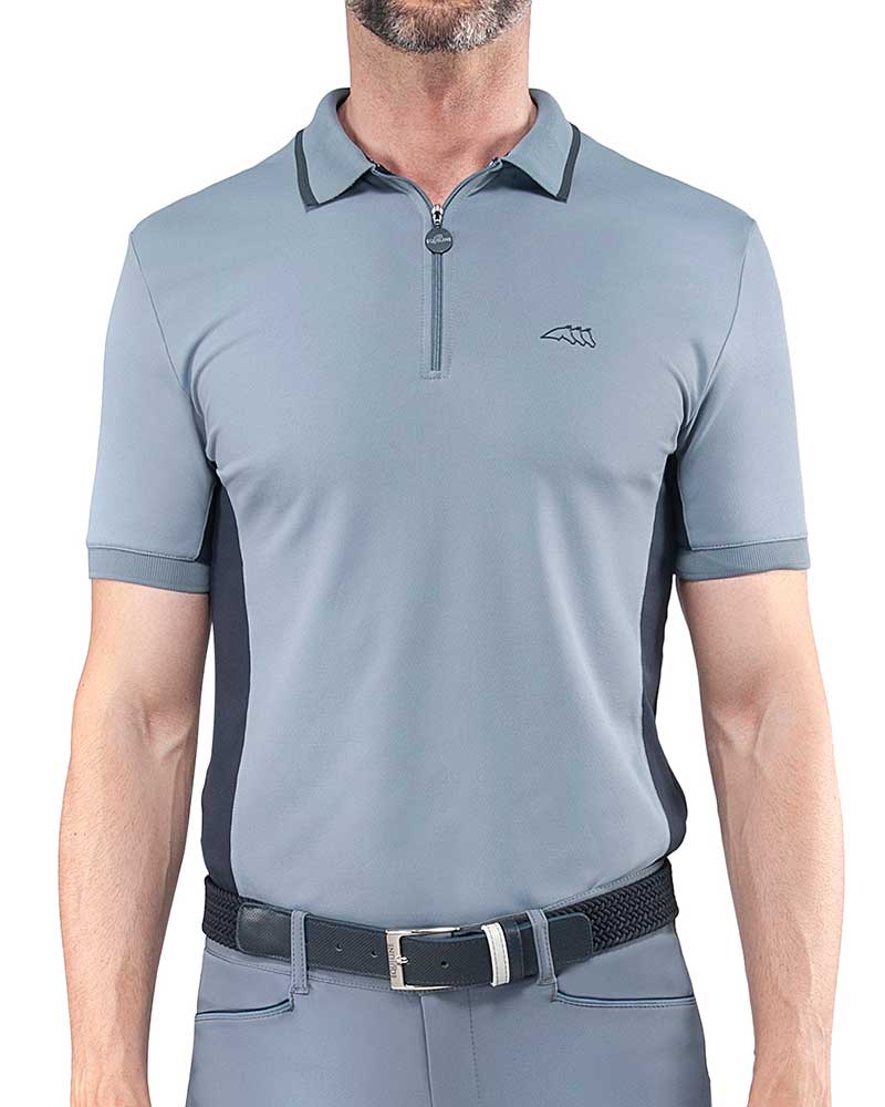 Men’s Short-Sleeve Training Polo in Grey-Blue Micro Mesh with Navy – Equiline