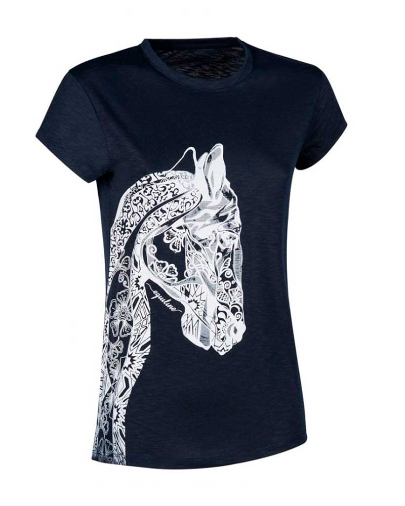 Navy blue fine short-sleeved t-shirt with illustration and rhinestones for women – Mood – Equiline