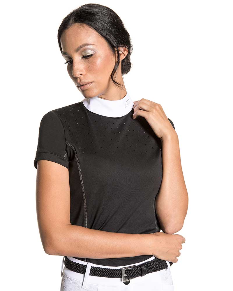 Short-sleeved black competition polo shirt with rhinestones for women - Pitas - Equiline