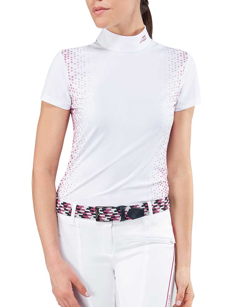 Polo de competición de manga corta blanco y rosa para mujer - Cornelia - Equiline