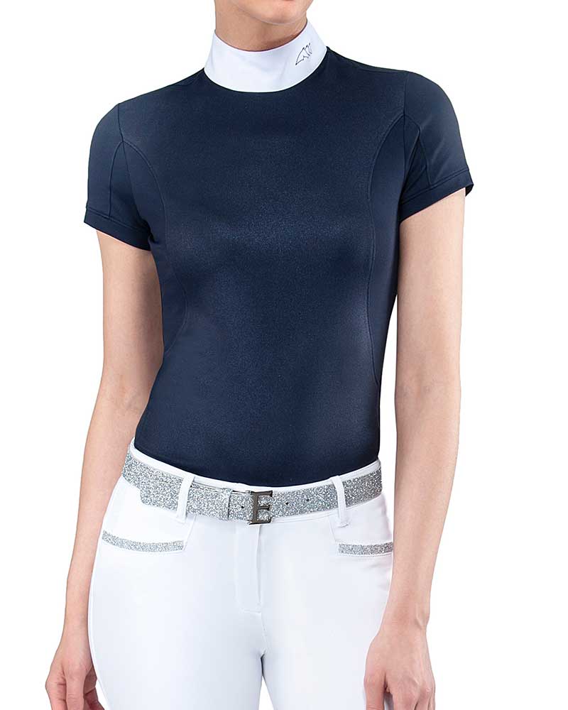Polo de compétition à manches courtes bleu marine effet brillant pour femme - Greta - Equiline