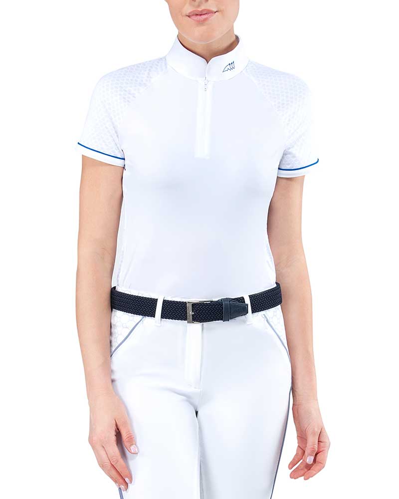 Polo de compétition à manches courtes blanc avec manches de maille pour femme Corina - Equiline