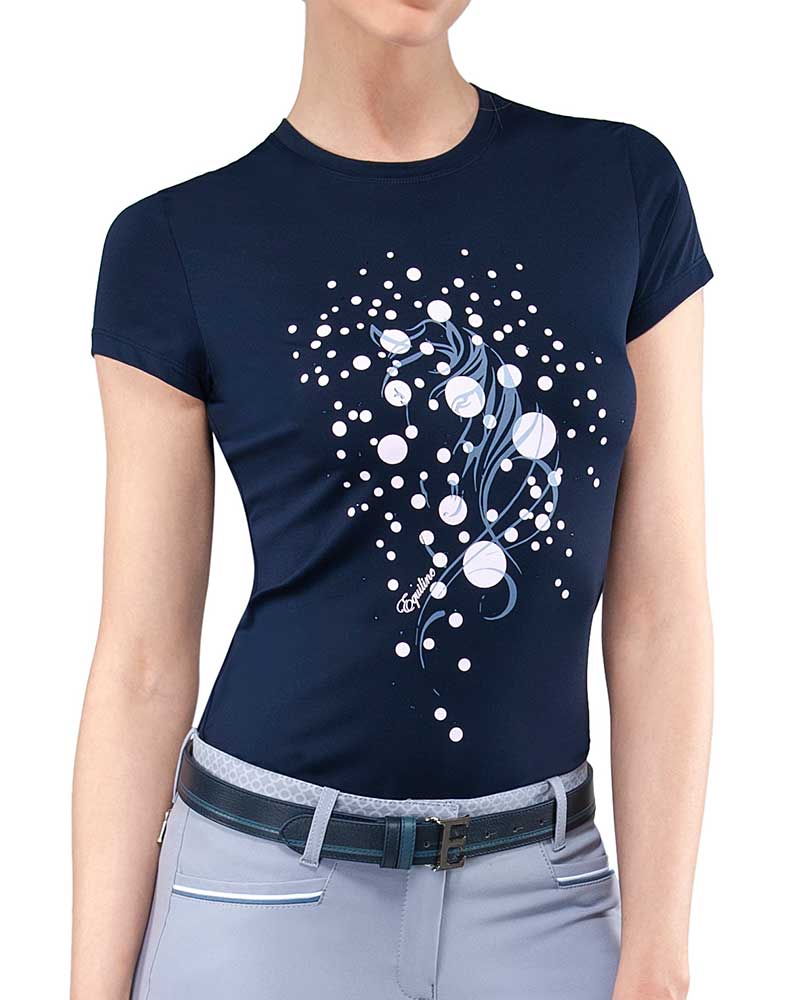 Camiseta de entrenamiento de manga corta azul marino con brillantes para mujer - Eulalia - Equiline