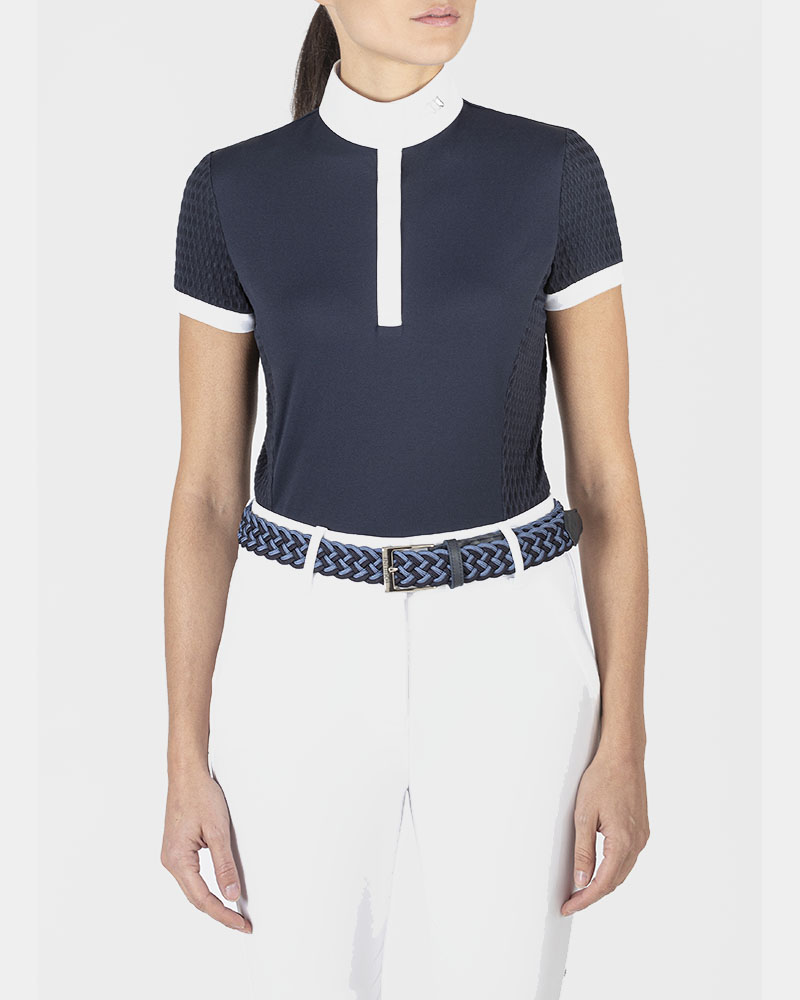 Polo azul marino de concurso con laterales y mangas de tela fina para mujer - Equiline
