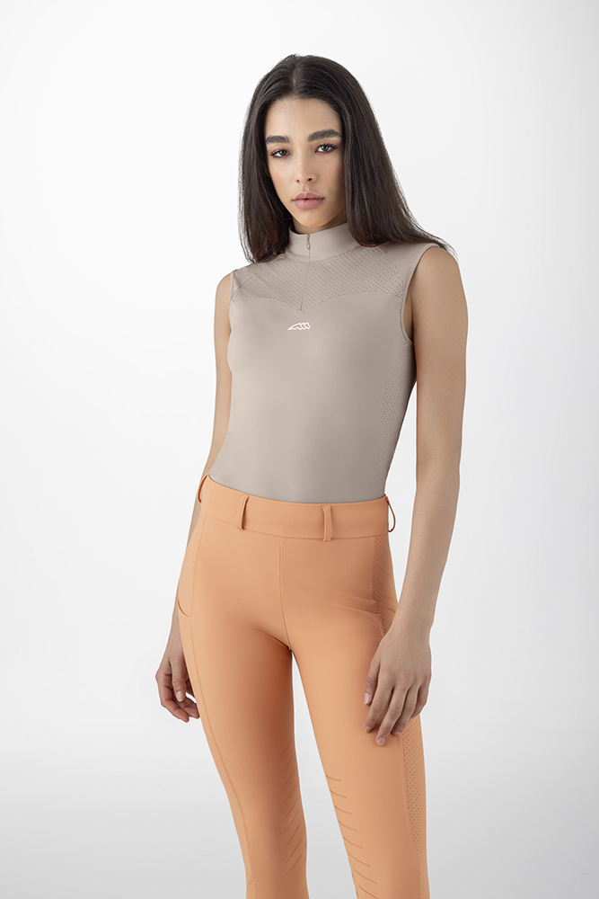 Sleeveless beige (Tortora) training polo with micro-perforated details - Crevec - Equiline