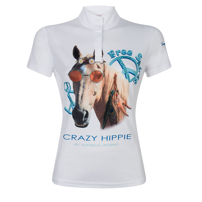 Polo de compétition blanc avec dessin de cheval hippie et brillants sur le devant pour fille modèle Hippie Horse - Imperial Riding