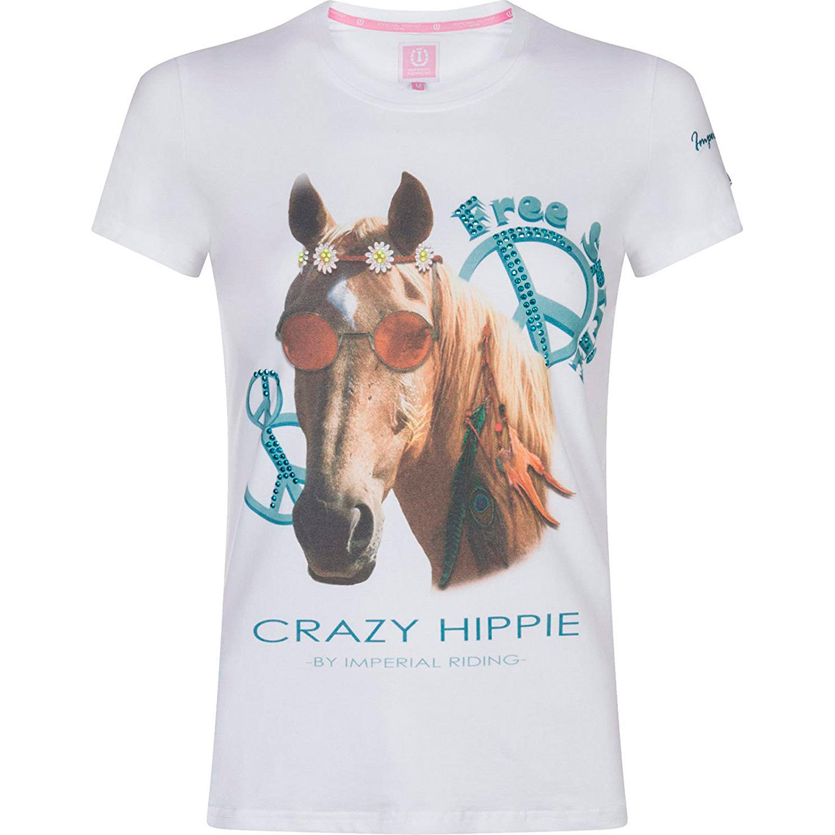T-shirt blanc avec dessin de cheval hippie et brillants sur le devant pour fille modèle Hippie Horse - Imperial Riding