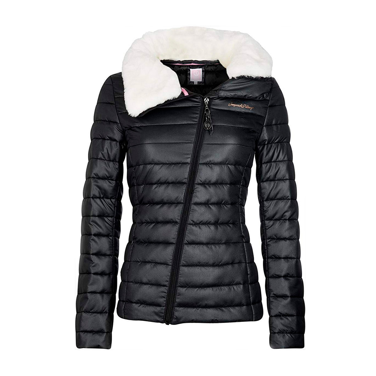Manteau matelassé noir brillant avec fourrure synthétique au col pour femme modèle Marilyn - Imperial Riding