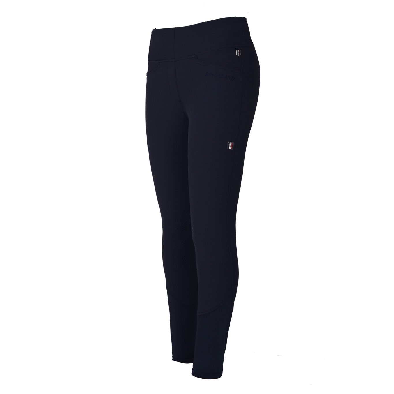 Navy blue pull-on pants with wide elastic waistband and silicone knee grip – Katja model by Kingsland Classic